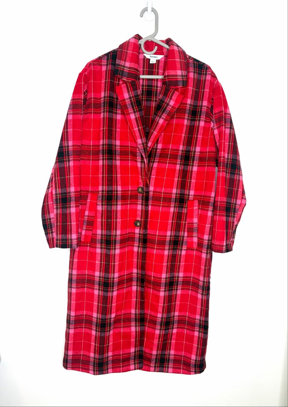 Old Navy Women's Long Tartan Red Plaid Overcoat Sz L Preppy Chic Travel Colorful